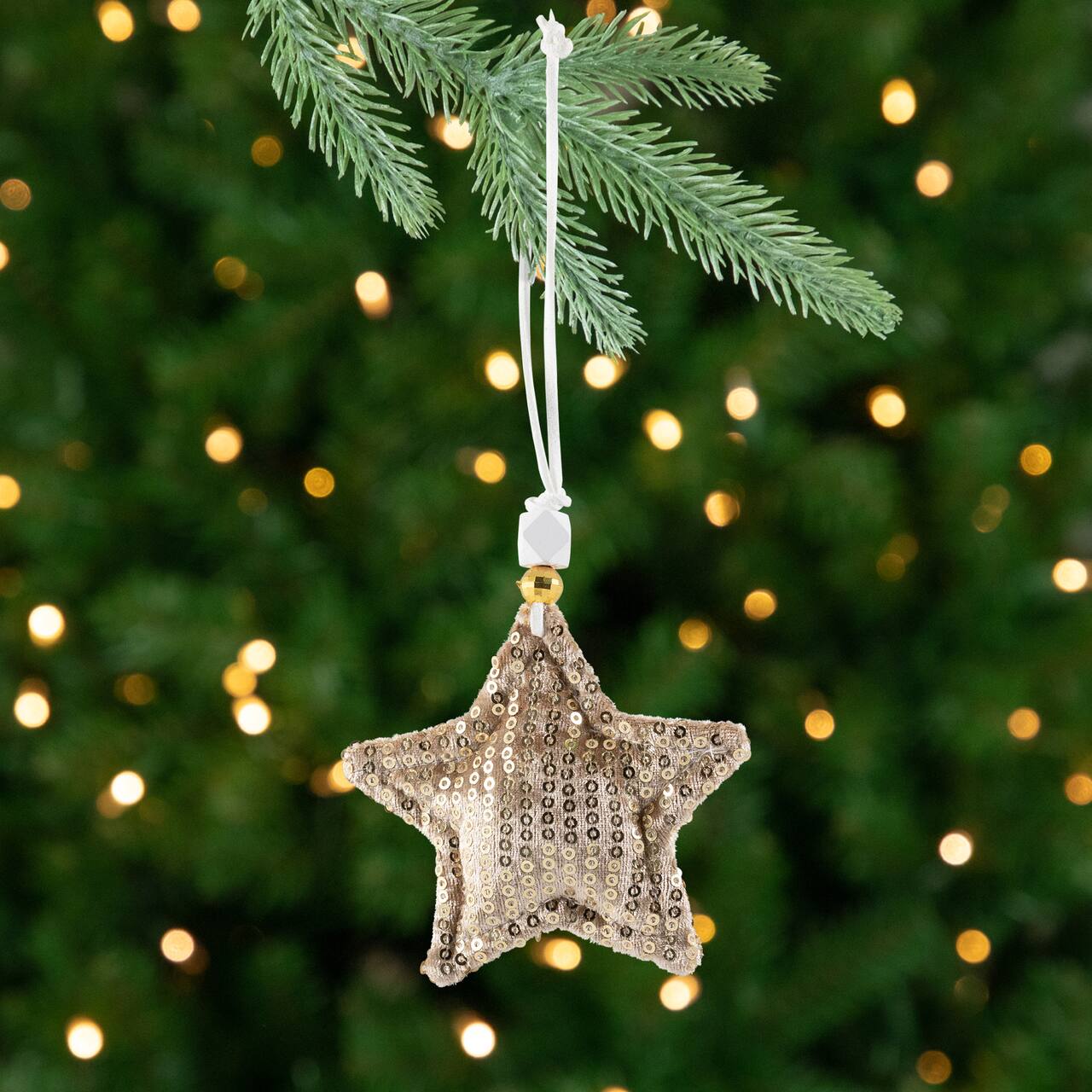 Sequin Stars and Trees Plush Christmas Ornaments - 4" - Gold - Set of 4